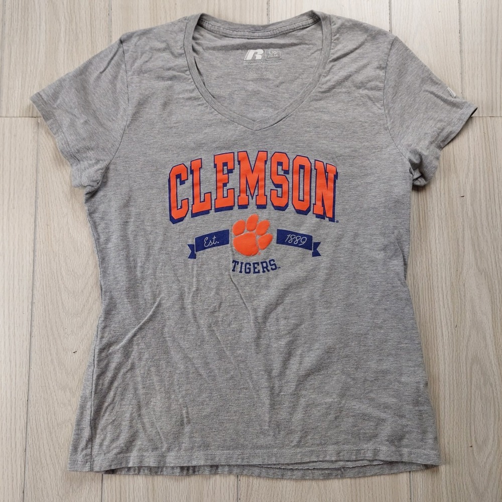 Russell Athletic Clemson Tigers T-Shirt Women‎ Large Gray V-Neck Graphic Tee